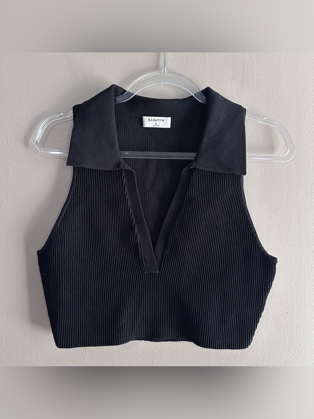 Aritzia Babaton Black Sculpt Knit Ribbed Collared Polo Crop Top Womens XL